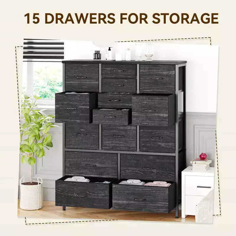 Commode à 15 Tiroirs, Commode de Rangement avec Plateau en Bois, Cadre en Métal, Unité de Rangement en Tissu, Grande Commode pour Chambre, Salon, Couloir