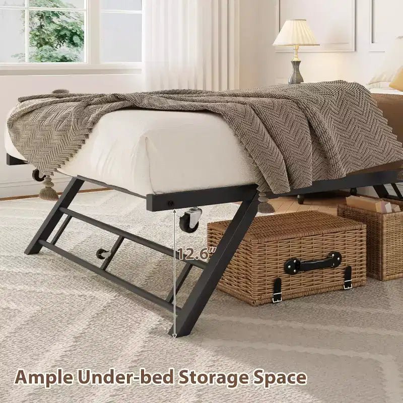 Cadre de lit gigogne double avec roulettes verrouillables, lit de repos pliable en métal, rangement et assemblage faciles