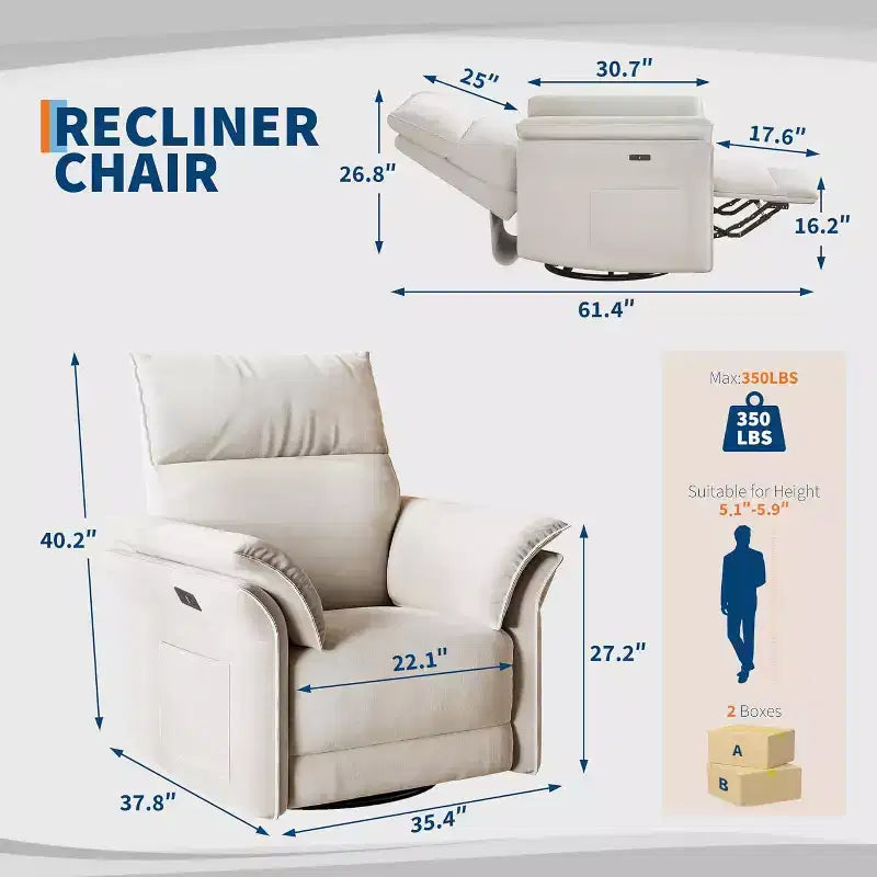 Fauteuil inclinable, fauteuil à bascule pivotant avec ports de chargement USB, fauteuil inclinable en tissu chenille rembourré avec accoudoirs à double couche