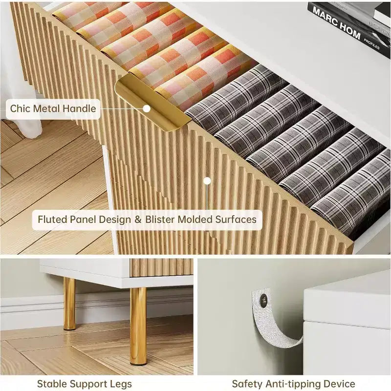 Commode moderne à 5 tiroirs avec poignées dorées - Grand meuble de rangement pour chambre, salon et entrée