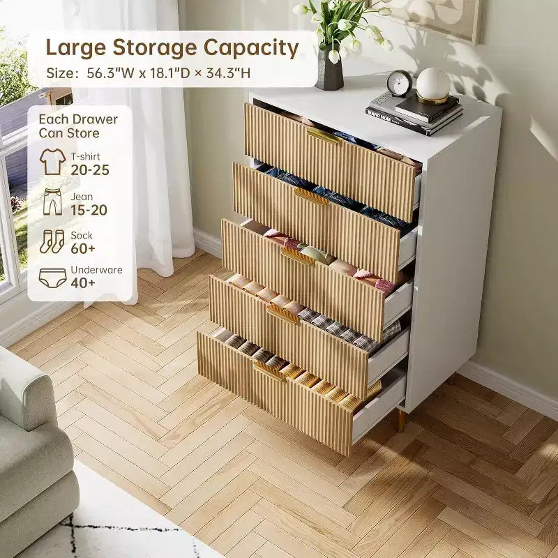 Commode moderne à 5 tiroirs avec poignées dorées - Grand meuble de rangement pour chambre, salon et entrée