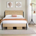 Acekool Full Rattan Bed Frame, Natural Rattan Headboard, Boho Platform, Under Bed Storage, No Box Spring Needed, White Oak