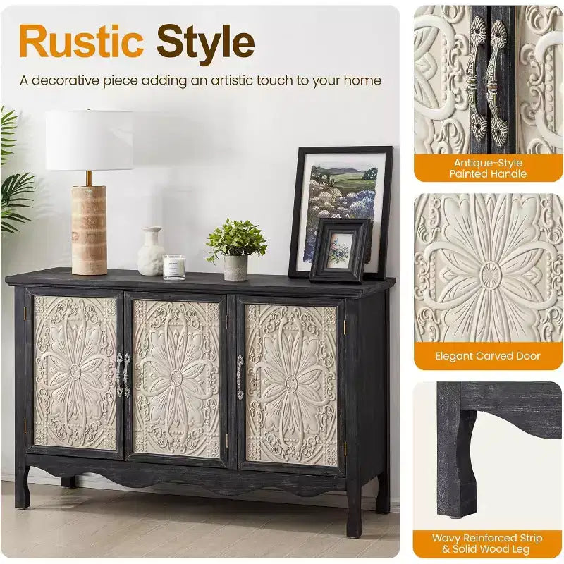 RoyalCraft Buffet de Ferme en Bois Massif, Desserte 3 Portes avec Rangement pour Salle à Manger, Cuisine, Entrée, 124 cm, Noir