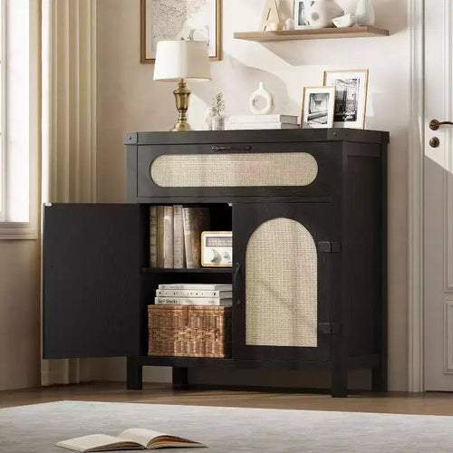 29.9 Small Rattan Buffet Cabinet with Drawer & Adjustable Shelves, Boho Farmhouse Sideboard, Kitchen Coffee Bar Cabinet with Doors, Black