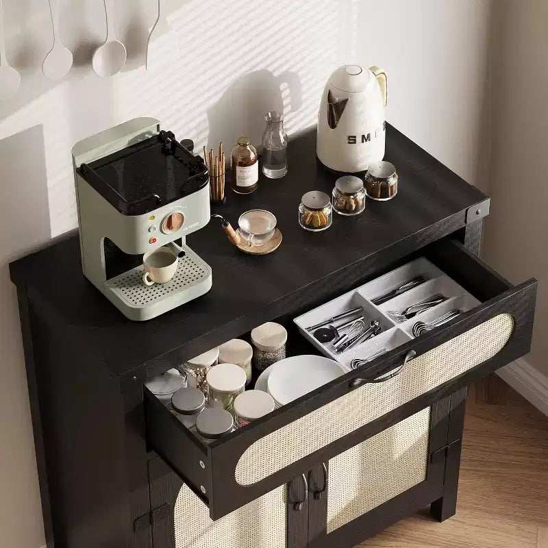 29,9 Petit buffet en rotin avec tiroir et étagères réglables, buffet de ferme bohème, meuble de bar à café de cuisine avec portes, noir
