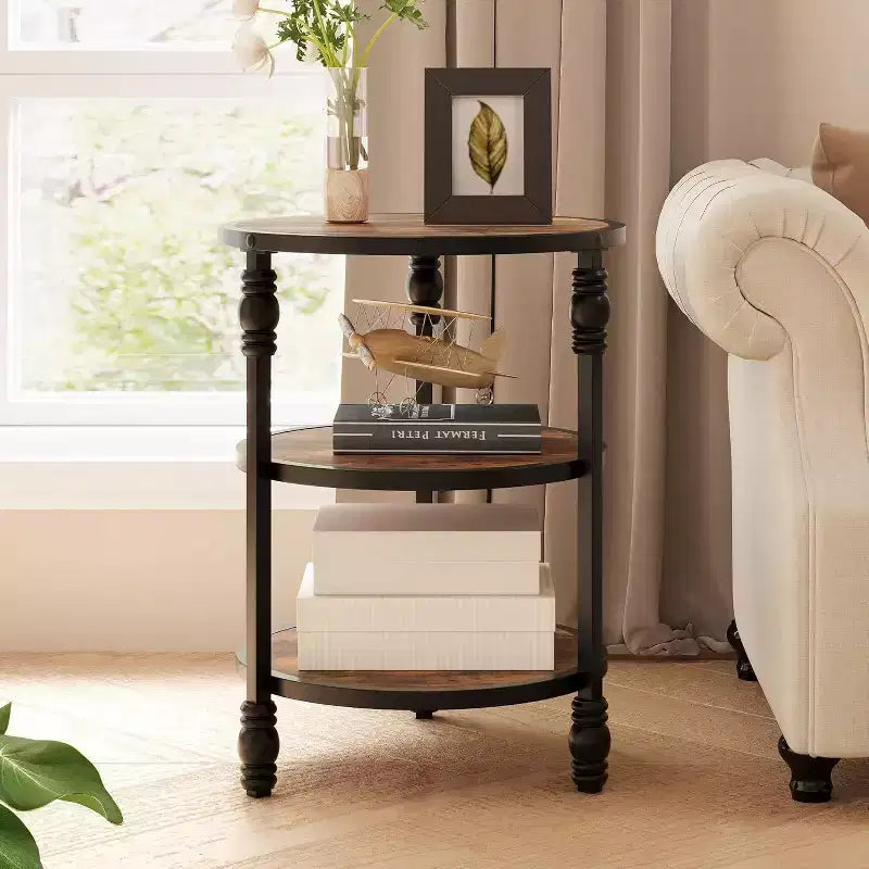 Table d'appoint ronde Acekool à 3 niveaux, table de bout de ferme avec pieds en métal pour chambre et salon - Marron rustique