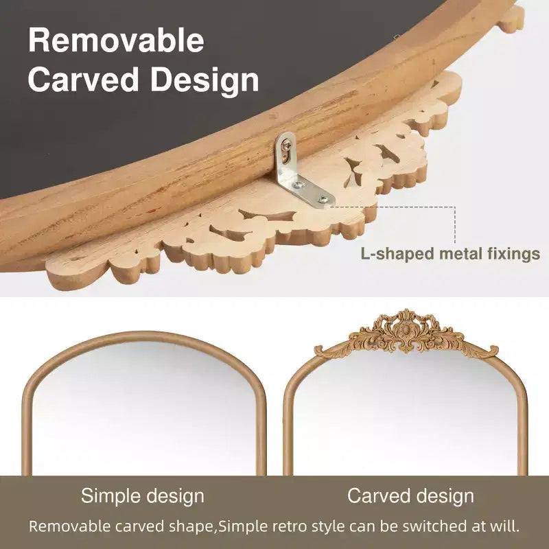 PexFix Miroir mural marron avec cadre en bois sculpté classique en arche, base en rotin, 94 cm L x 180 cm H