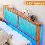 Cadre de lit en rotin Acekool avec tête de lit naturelle, lumières LED, lattes en bois massif, espace de rangement, pas besoin de sommier tapissier