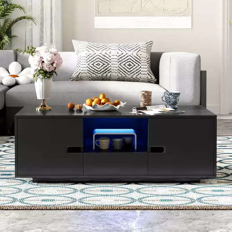 Table basse LED moderne Okak, éclairage 16 couleurs et espace de rangement, finition brillante, table d'appoint rectangulaire pour salon