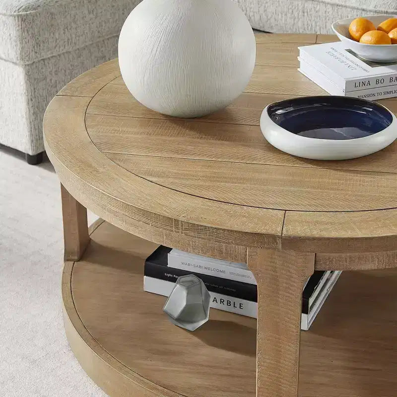 Table basse ronde Okak 36L pour salon, plateau en placage bois, table d'appoint pour canapé avec pied cylindrique pour petit espace bureau à domicile