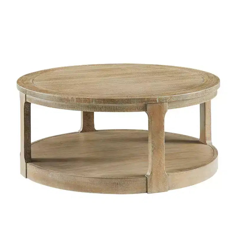 Table basse ronde Okak 36L pour salon, plateau en placage bois, table d'appoint pour canapé avec pied cylindrique pour petit espace bureau à domicile