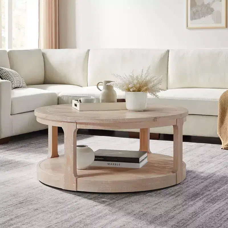 Table basse ronde Okak 36L pour salon, plateau en placage bois, table d'appoint pour canapé avec pied cylindrique pour petit espace bureau à domicile