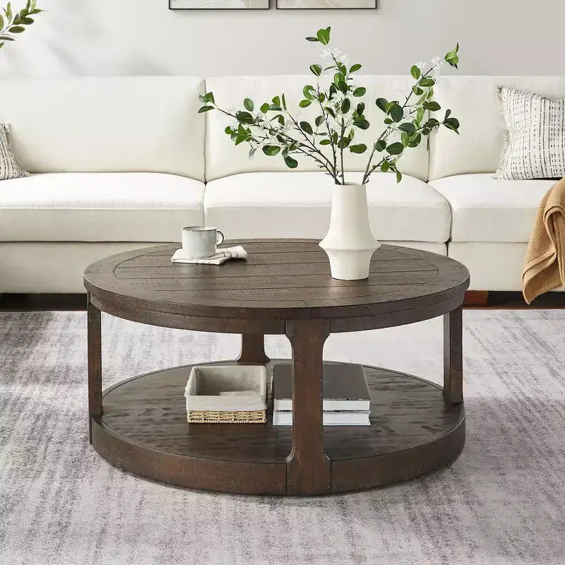 Table basse ronde Okak 36L pour salon, plateau en placage bois, table d'appoint pour canapé avec pied cylindrique pour petit espace bureau à domicile