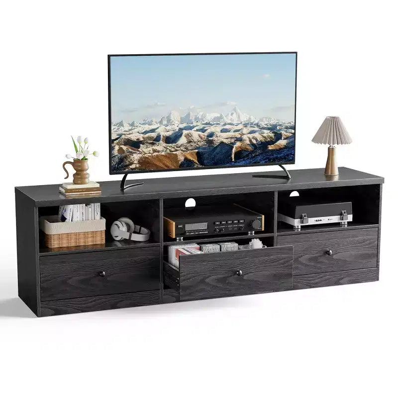 Meuble TV noir GustoWave pour téléviseurs jusqu'à 80 pouces, meuble console multimédia moderne avec 3 tiroirs et 3 étagères ouvertes pour salon et chambre à coucher