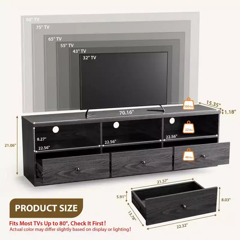 Meuble TV noir GustoWave pour téléviseurs jusqu'à 80 pouces, meuble console multimédia moderne avec 3 tiroirs et 3 étagères ouvertes pour salon et chambre à coucher
