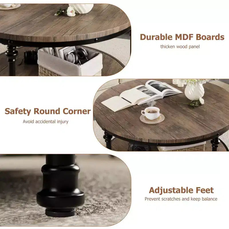 Table basse ronde GustoWave, table basse rustique à 2 niveaux en bois avec étagère de rangement pour la maison, les appartements, les petits espaces