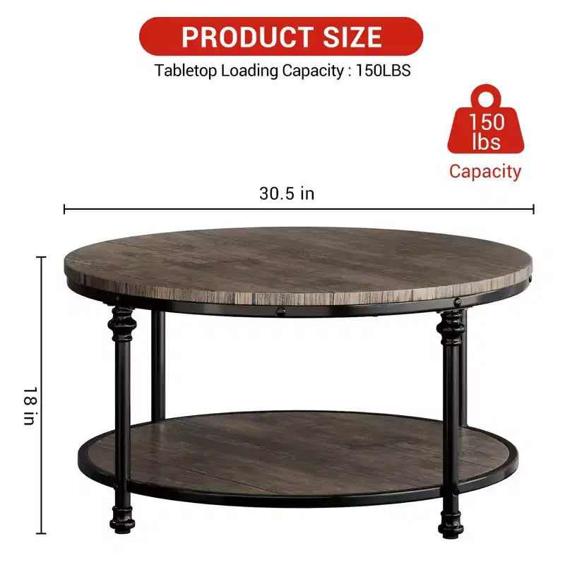 Table basse ronde GustoWave, table basse rustique à 2 niveaux en bois avec étagère de rangement pour la maison, les appartements, les petits espaces