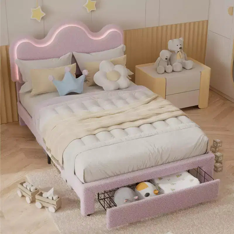 Bed Frame with Adjustable Upholstered Headboard Girls Boucle Platform Bed Frame with Storage Drawers Princess Bed Frame for Kids