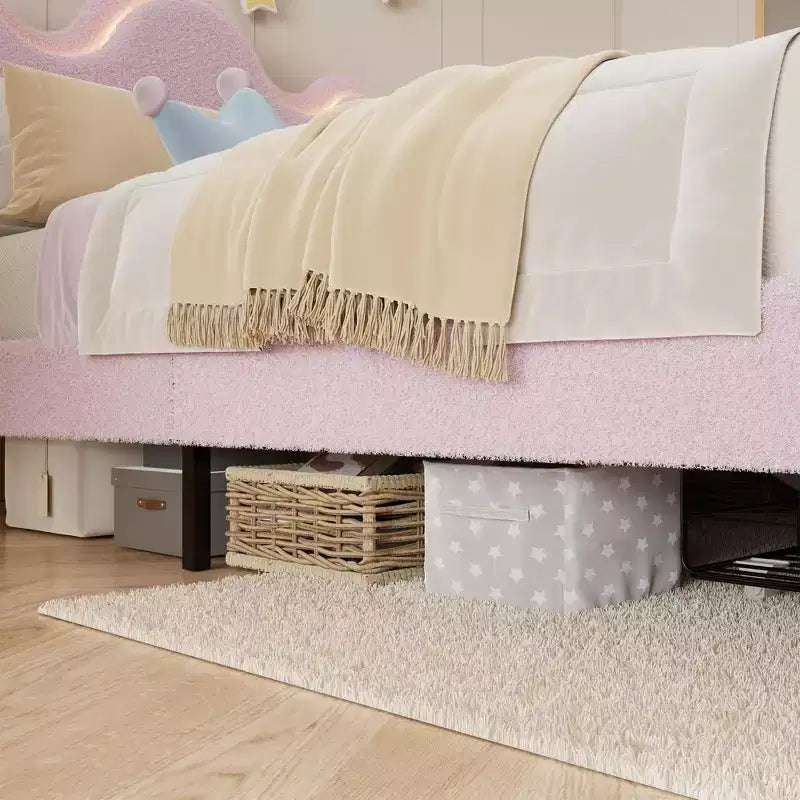 Cadre de lit avec tête de lit capitonnée réglable pour filles, cadre de lit plateforme en bouclette avec tiroirs de rangement, cadre de lit de princesse pour enfants