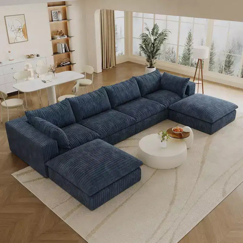 Canapé d'angle modulable en velours côtelé blanc de 4 m avec 2 poufs, grand canapé profond, design double couche, coussin amovible, aucun assemblage requis.