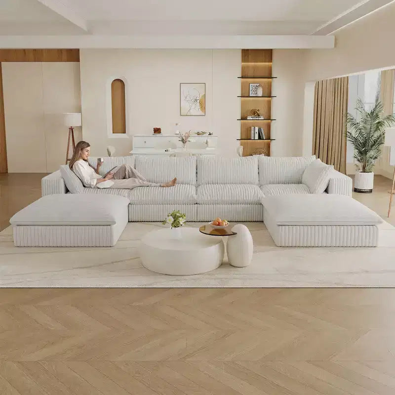 157.6 White Corduroy Fabric DIY Combination Cloud Sofa Deep Seat Couches with 2 Ottomans Double-layer design Removable Cushion No Assembly