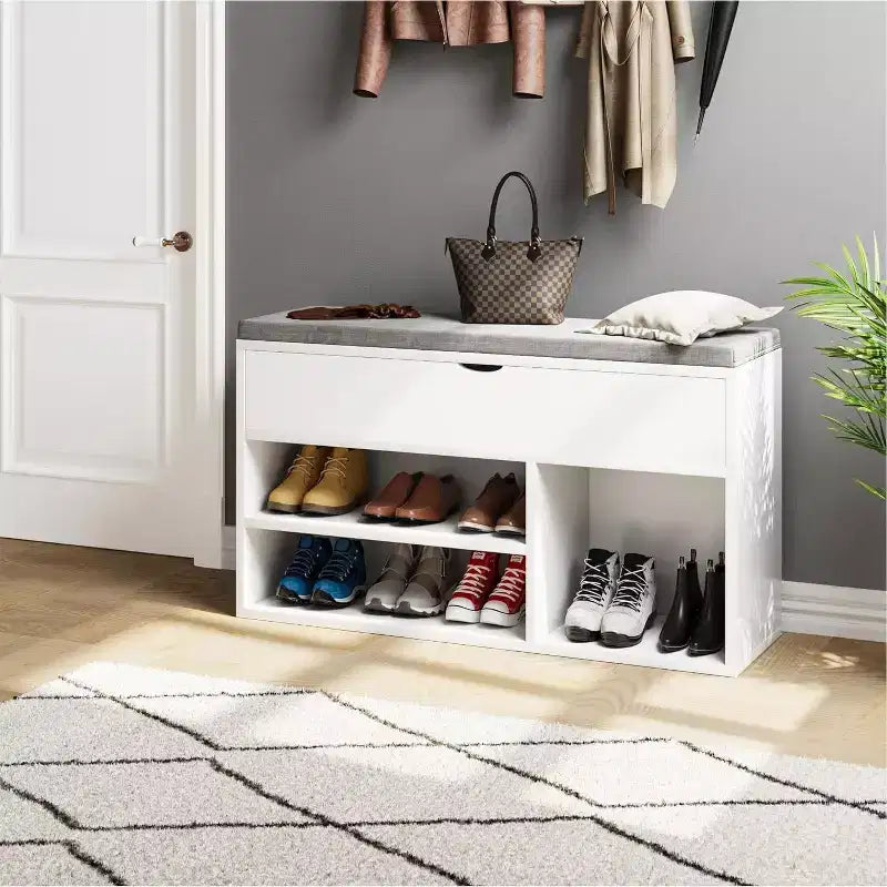Banc à chaussures avec coussin, banc d'entrée avec étagère réglable, banc à chaussures de rangement dissimulé, étagère à chaussures en bois, pour entrée, couloir