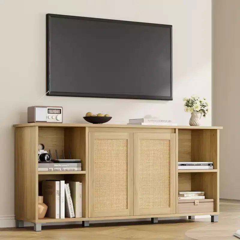 Meuble TV 70" mi-siècle moderne avec portes en rotin - Meuble de divertissement pour téléviseur 70 pouces, 2 placards de rangement et 3 étagères ouvertes