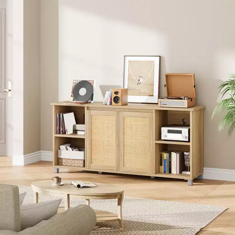 Meuble TV 70" mi-siècle moderne avec portes en rotin - Meuble de divertissement pour téléviseur 70 pouces, 2 placards de rangement et 3 étagères ouvertes
