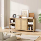 Meuble TV 70" mi-siècle moderne avec portes en rotin - Meuble de divertissement pour téléviseur 70 pouces, 2 placards de rangement et 3 étagères ouvertes