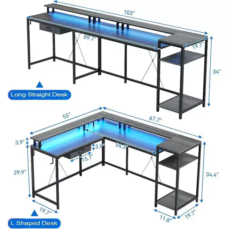 Bureau de gamer en L Acekool 68 - Lumières LED et station de charge intégrée