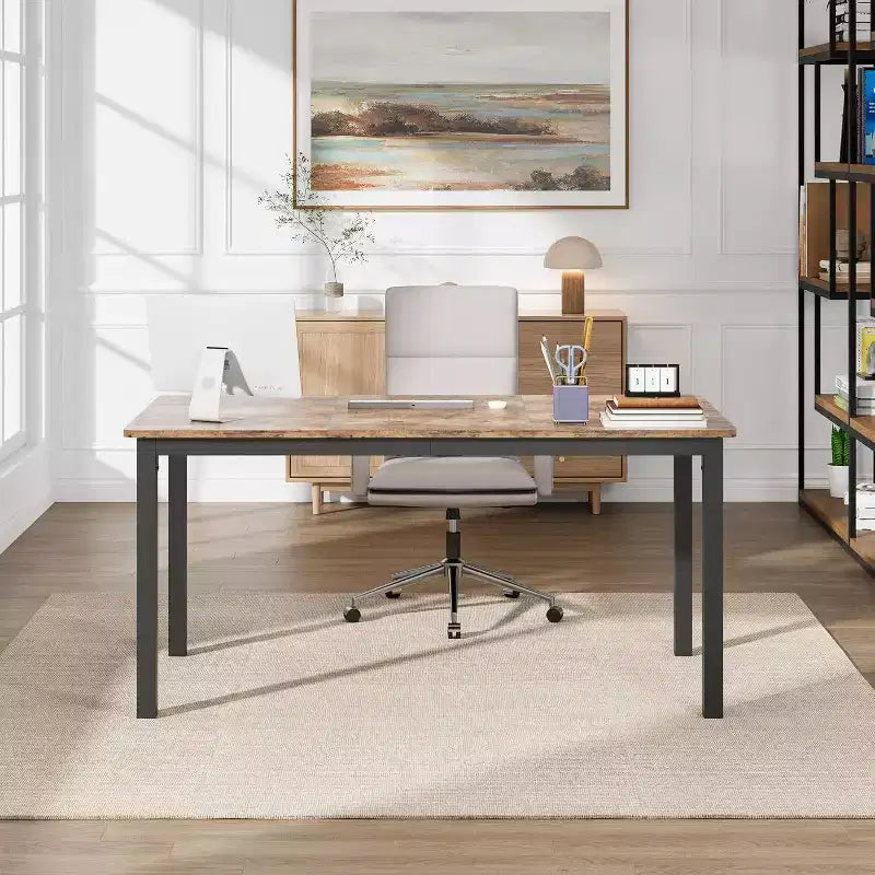 Acekool Bureau d'ordinateur moderne, Table de bureau de 160 cm, Grand bureau d'écriture avec cadre métallique, Bureau d'étude pour le travail à domicile