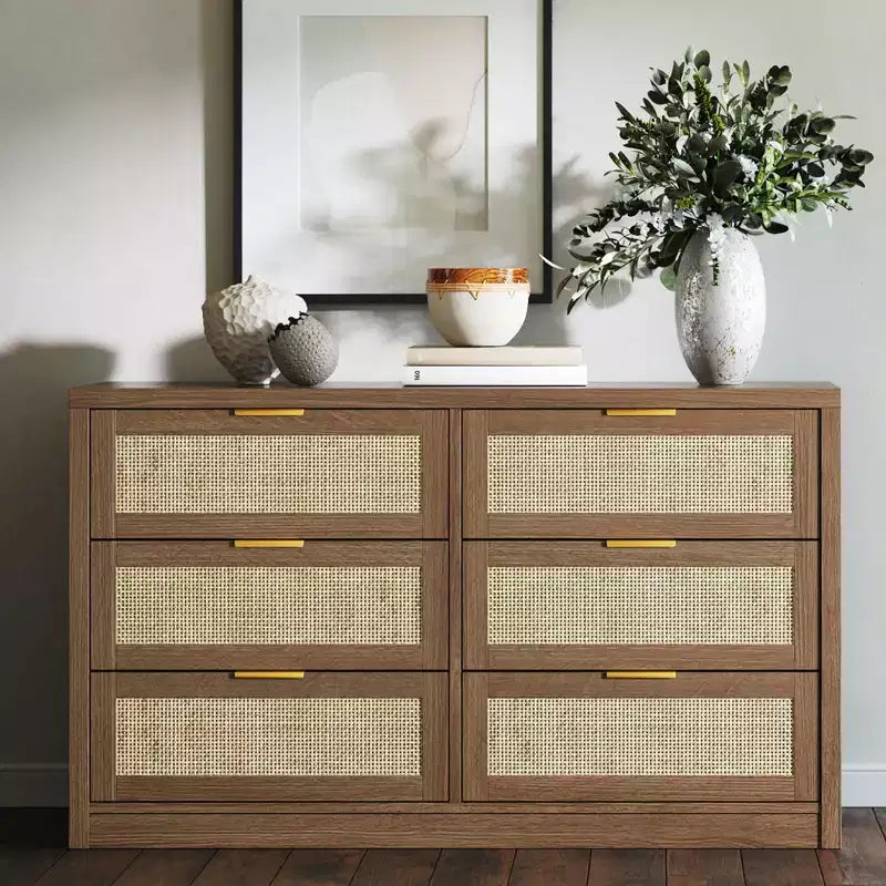 Commode à 6 tiroirs GustoWave pour chambre à coucher, commode en rotin de 133,8 cm de large, en bois avec poignées dorées, meuble TV de style ferme, table d'entrée, chiffonnier