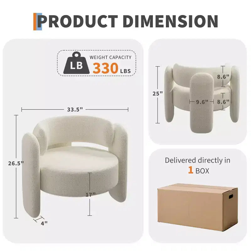 Fauteuil d'appoint moderne rembourré GustoWave avec cadre en bois massif, fauteuil rond en chenille de style Mid-Century avec dossier incurvé