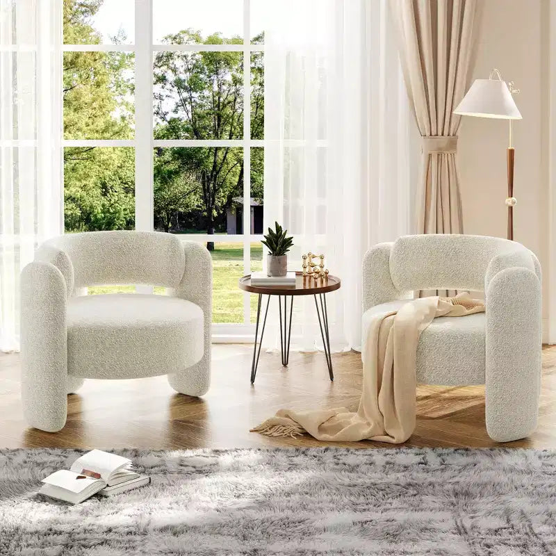 Fauteuil d'appoint moderne rembourré GustoWave avec cadre en bois massif, fauteuil rond en chenille de style Mid-Century avec dossier incurvé