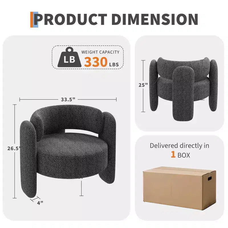 Fauteuil d'appoint moderne rembourré GustoWave avec cadre en bois massif, fauteuil rond en chenille de style Mid-Century avec dossier incurvé