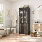 Meuble de Rangement Haut de Salle de Bain Famapy, Unité de Rangement Autonome avec Portes en Verre, Conception Anti-basculement, pour Petits Espaces, Foncé