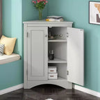 Meuble d'angle triangulaire avec étagères réglables et portes, unité de rangement en bois peu encombrante pour salle de bain, cuisine, salon, gris