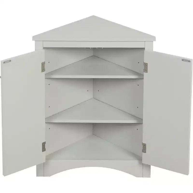 Meuble d'angle triangulaire avec étagères réglables et portes, unité de rangement en bois peu encombrante pour salle de bain, cuisine, salon, gris