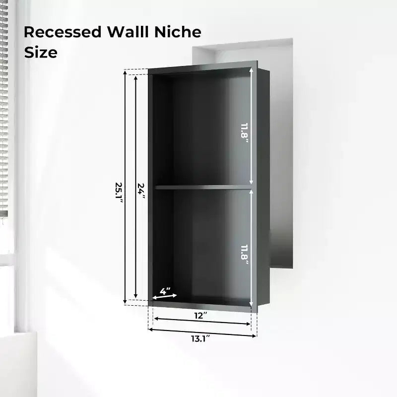 Niche de douche en acier inoxydable au design rectangulaire encastré, installation sans carrelage requise, rangement mural pour salle de bain