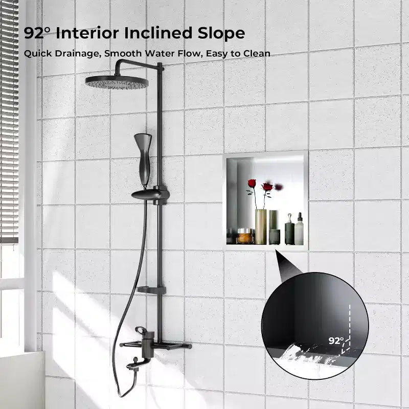 Niche de douche en acier inoxydable au design rectangulaire encastré, installation sans carrelage requise, rangement mural pour salle de bain