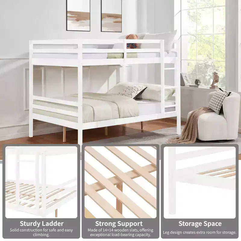 Lit superposé double sur double avec échelle, cadre en bois avec barrières de sécurité hautes pour enfants, aucun sommier tapissier requis, robuste et peu encombrant, blanc