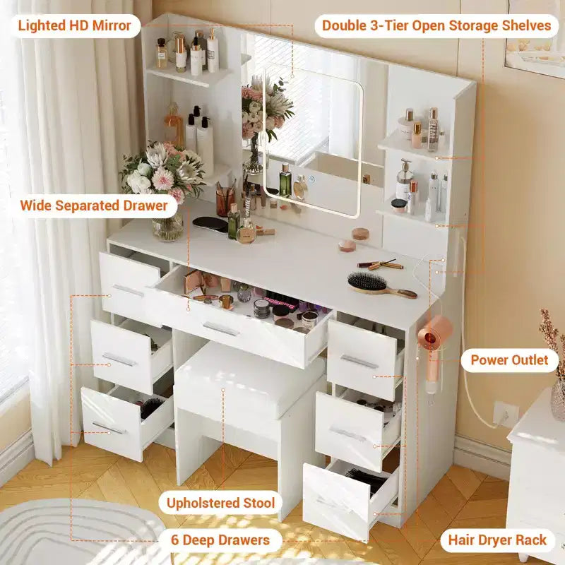 Coiffeuse avec miroir, lumières LED, prise de courant et tabouret, meuble de maquillage avec 7 tiroirs et 6 étagères de rangement, 3 modes de couleur, table de toilette