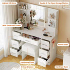 Coiffeuse avec miroir, lumières LED, prise de courant et tabouret, meuble de maquillage avec 7 tiroirs et 6 étagères de rangement, 3 modes de couleur, table de toilette