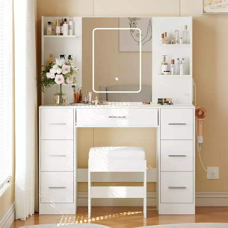 Coiffeuse avec miroir, lumières LED, prise de courant et tabouret, meuble de maquillage avec 7 tiroirs et 6 étagères de rangement, 3 modes de couleur, table de toilette