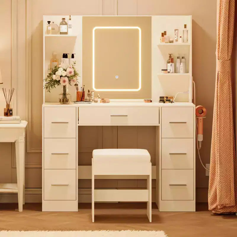 Coiffeuse avec miroir, lumières LED, prise de courant et tabouret, meuble de maquillage avec 7 tiroirs et 6 étagères de rangement, 3 modes de couleur, table de toilette