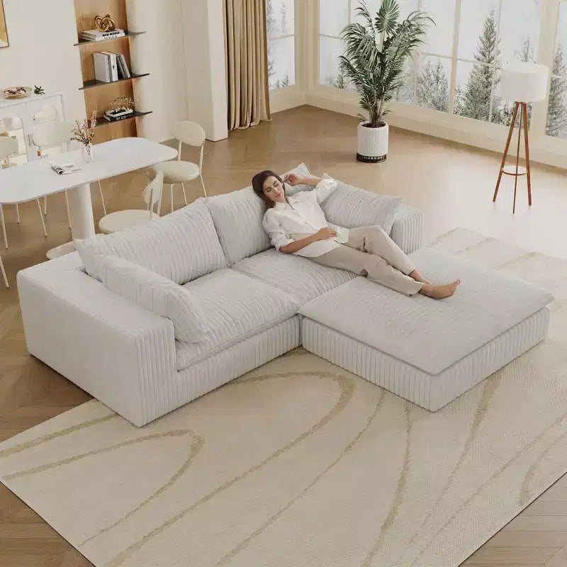 Canapé Blue Cloud de 78,8 pouces avec ottoman, canapés à assise profonde en velours côtelé, design double couche, coussin amovible, aucun assemblage requis