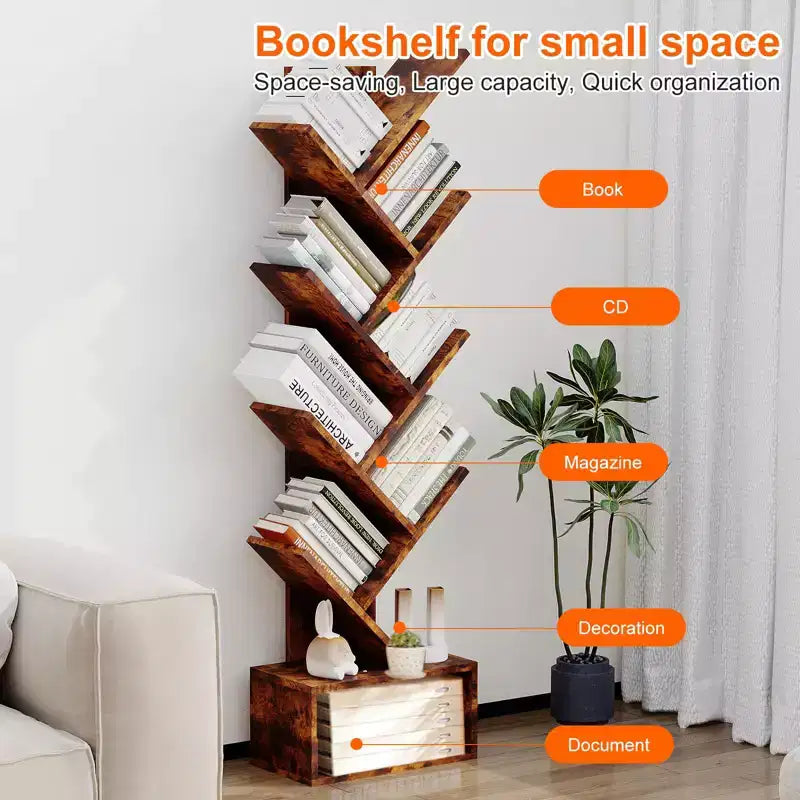 Étagère de rangement bibliothèque et étagère à livres en forme d'arbre – Étagère de rangement haute à 8 niveaux pour salon, chambre, bureau à domicile
