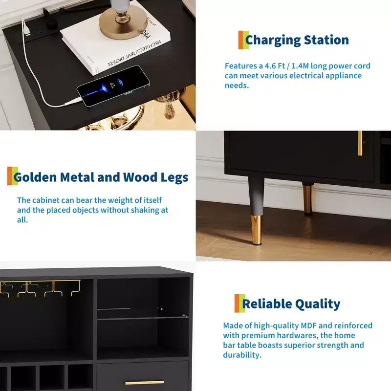 Meuble bar avec lumières LED et station de charge, buffet de cuisine de 120 cm avec tiroirs de rangement, casier à vin et porte