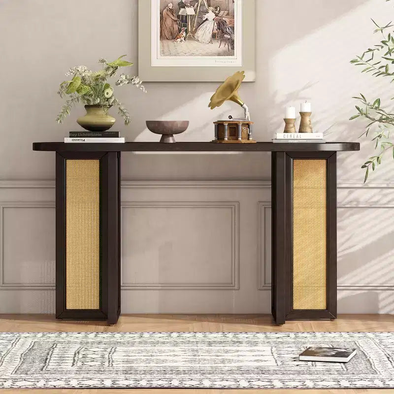 MAYEERTY Table Console Étroite en Rotin avec Rangement pour Salon Couloir Espresso