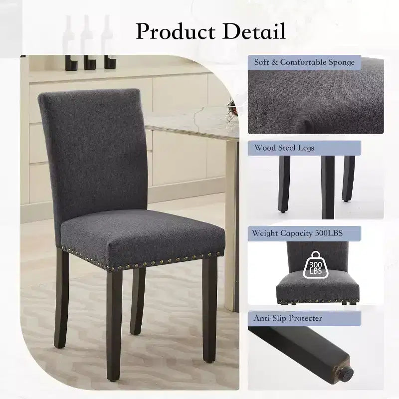 Lot de 2 chaises de salle à manger, chaises rembourrées pour salle à manger, chaises de cuisine en tissu avec pieds en bois cloutés et coussin rembourré, pour salon